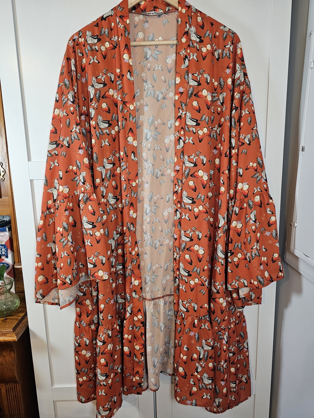 Vada Winter Boho Butterfly Print Kimono Duster Cardigan Ruffle Bell Sleeve L